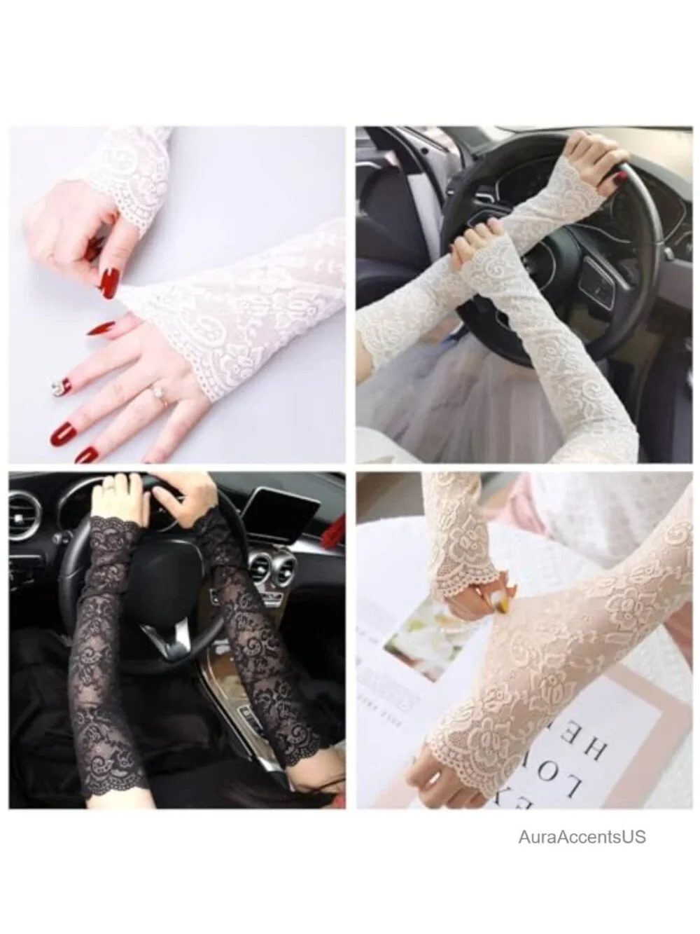 UV Protection Lace Arm Sleeves Women Floral Hollow Out Long Fingerless Driving